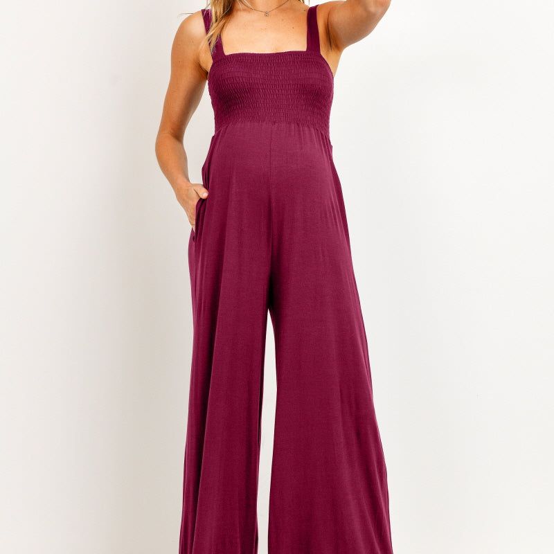 Burgundy Square Neck Smocked Maternity Flared Jumpsuit