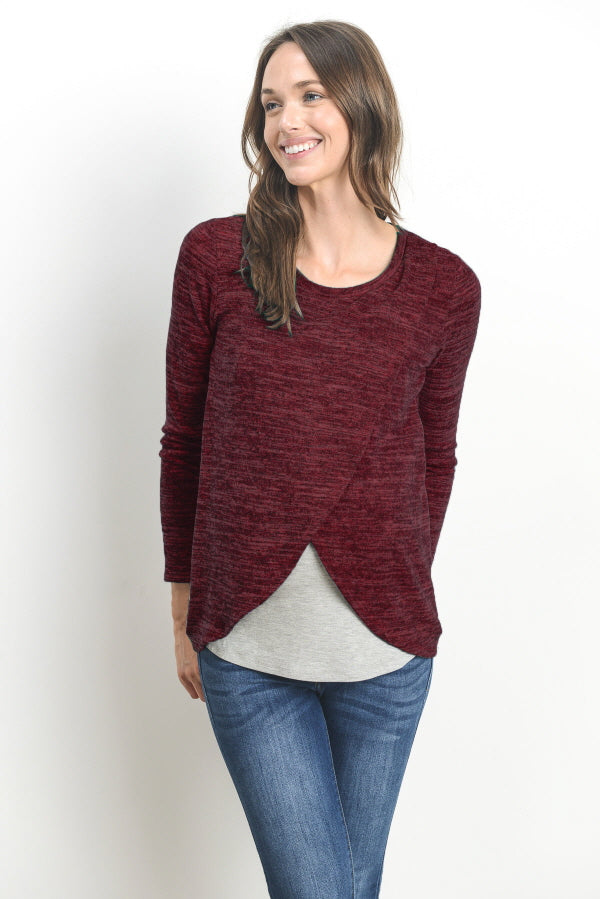 Burgundy/Grey Tulip Hem Long Sleeve Maternity & Nursing Top