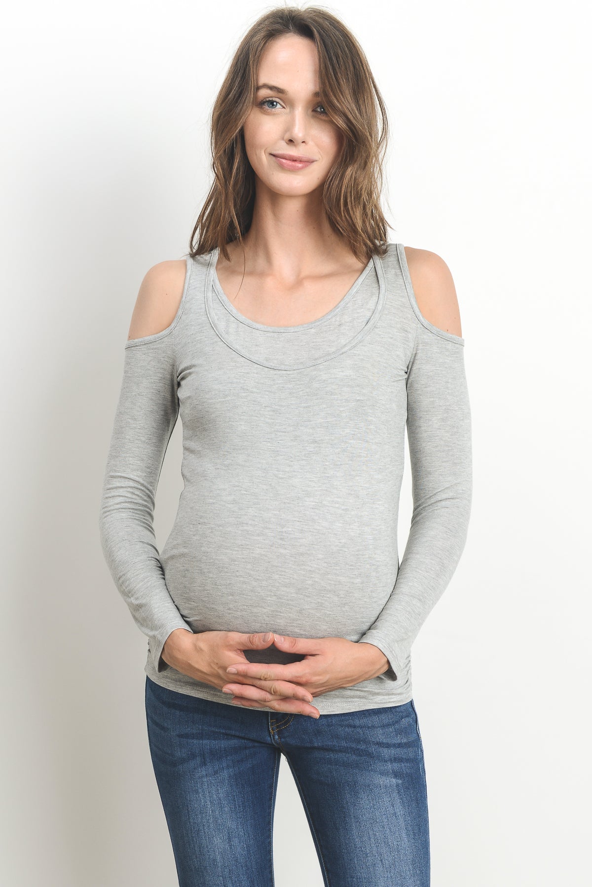 Heather Grey Solid Open Cold Shoulder Maternity/Nursing Top