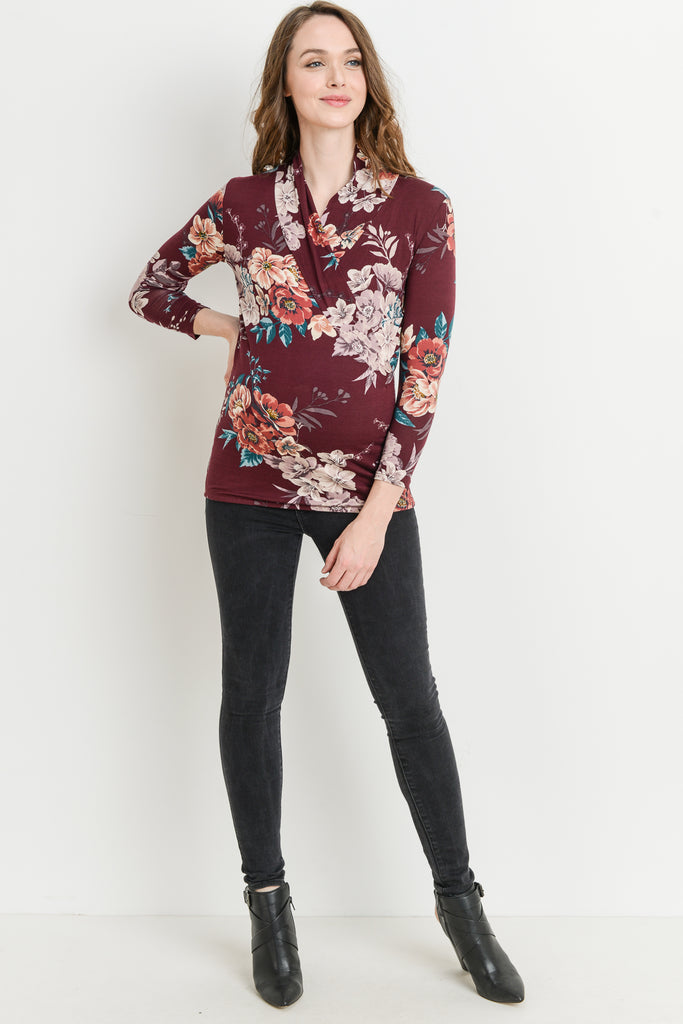 Burgundy Floral 3/4 Sleeve V Neck Maternity & Nursing Surplice Top Full Body