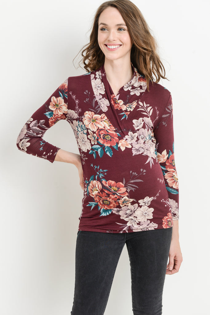 Burgundy Floral 3/4 Sleeve V Neck Maternity & Nursing Surplice Top Front