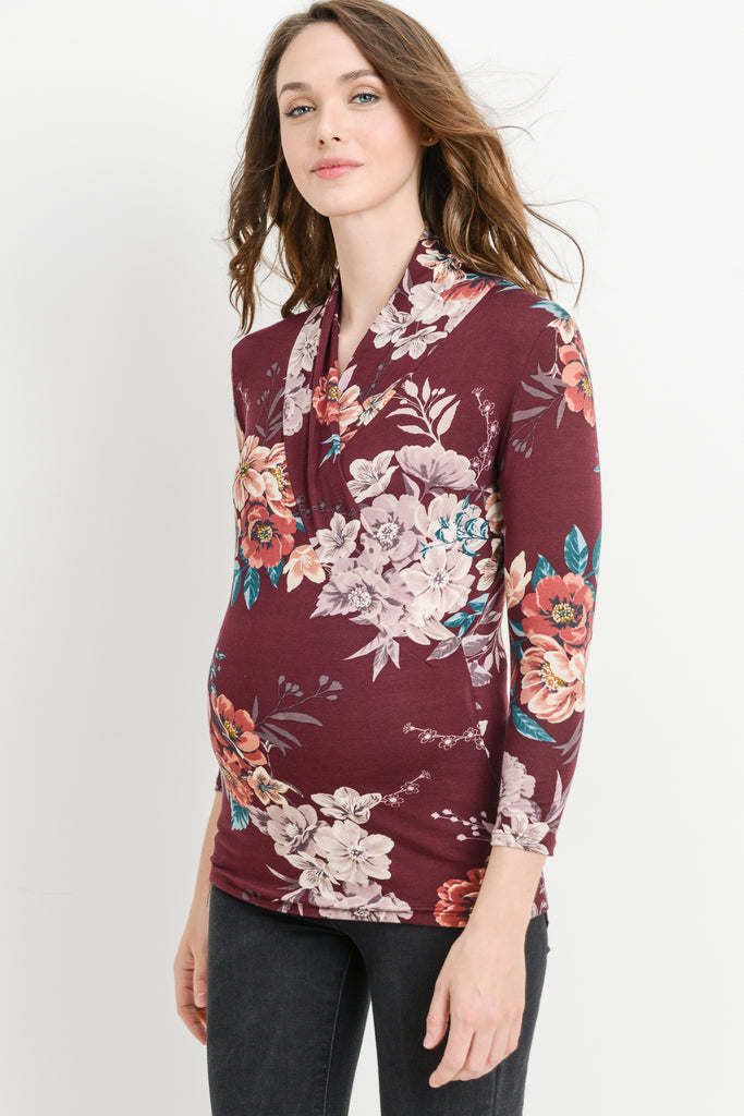 Burgundy Floral 3/4 Sleeve V Neck Maternity & Nursing Surplice Top Side