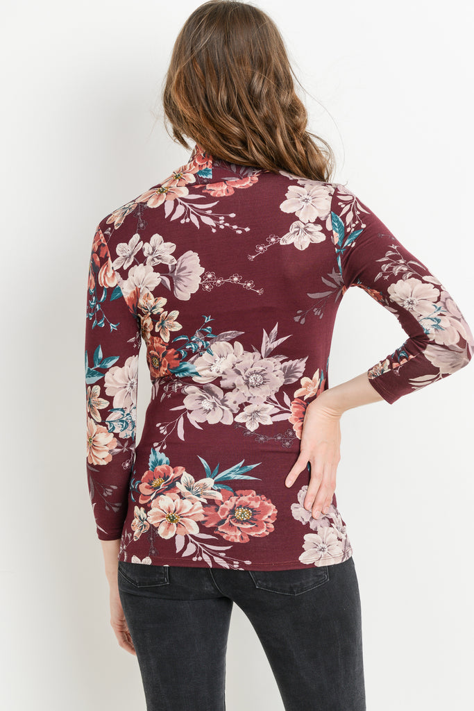 Burgundy Floral 3/4 Sleeve V Neck Maternity & Nursing Surplice Top Side