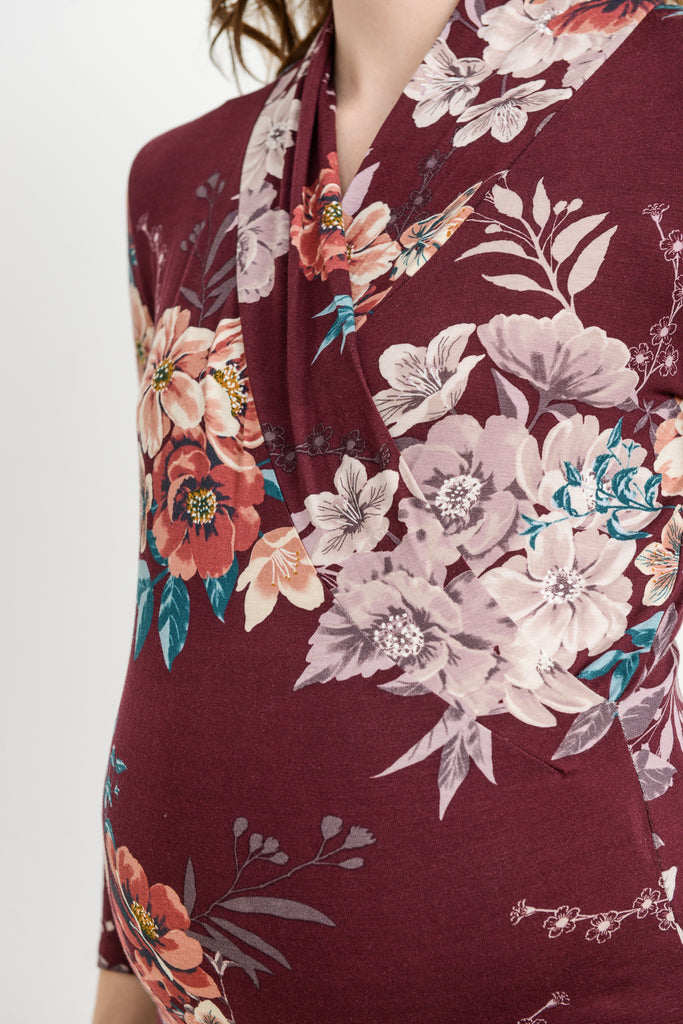 Burgundy Floral 3/4 Sleeve V Neck Maternity & Nursing Surplice Top Surplice Detail Close Up