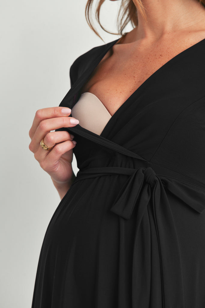 Black Surplice Wrap Maternity Nursing Dress with Tie Detail