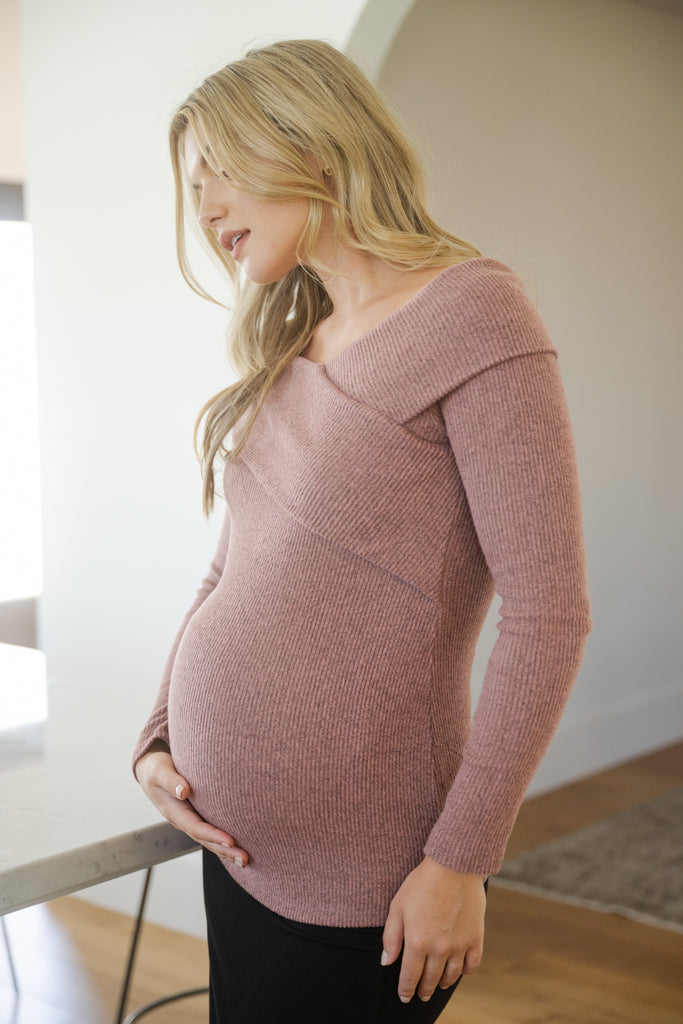 Mauve Two-Tone Sweater Knit Off-Shoulder Maternity Top Lifestyle Side