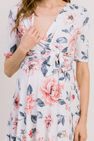 Off White Floral Print Tie Waist  Wrap Maternity Dress Nursing Detail