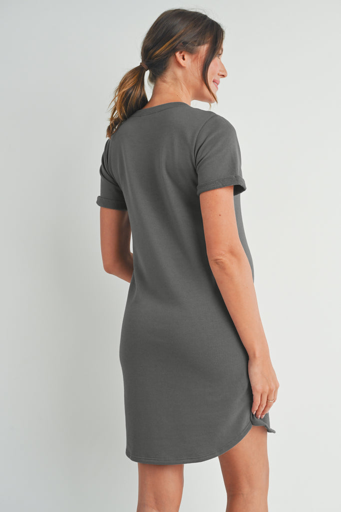 Dark Grey Crew Neck T-Shirt Maternity Dress with Pockets Back