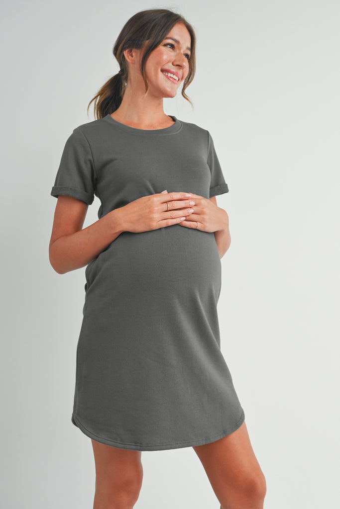 Dark Grey Crew Neck T-Shirt Maternity Dress with Pockets Side