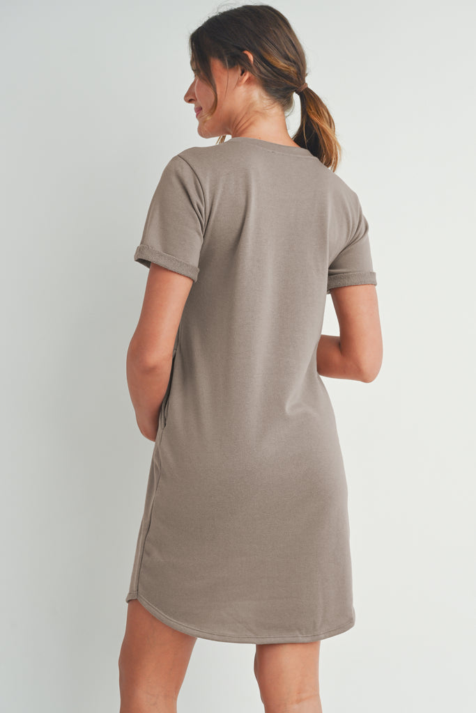 Mocha Crew Neck T-Shirt Maternity Dress with Pockets Back