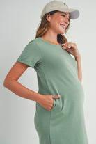 Sage Crew Neck T-Shirt Maternity Dress with Pockets Close Up
