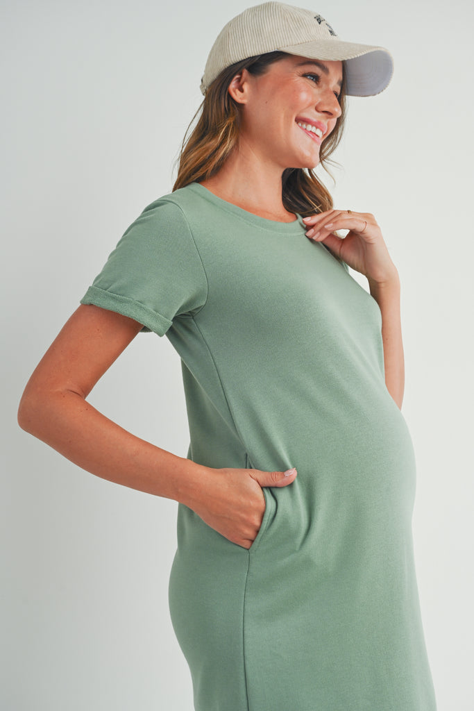 Sage Crew Neck T-Shirt Maternity Dress with Pockets Close Up