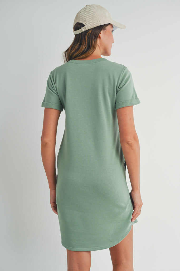 Sage Crew Neck T-Shirt Maternity Dress with Pockets Back