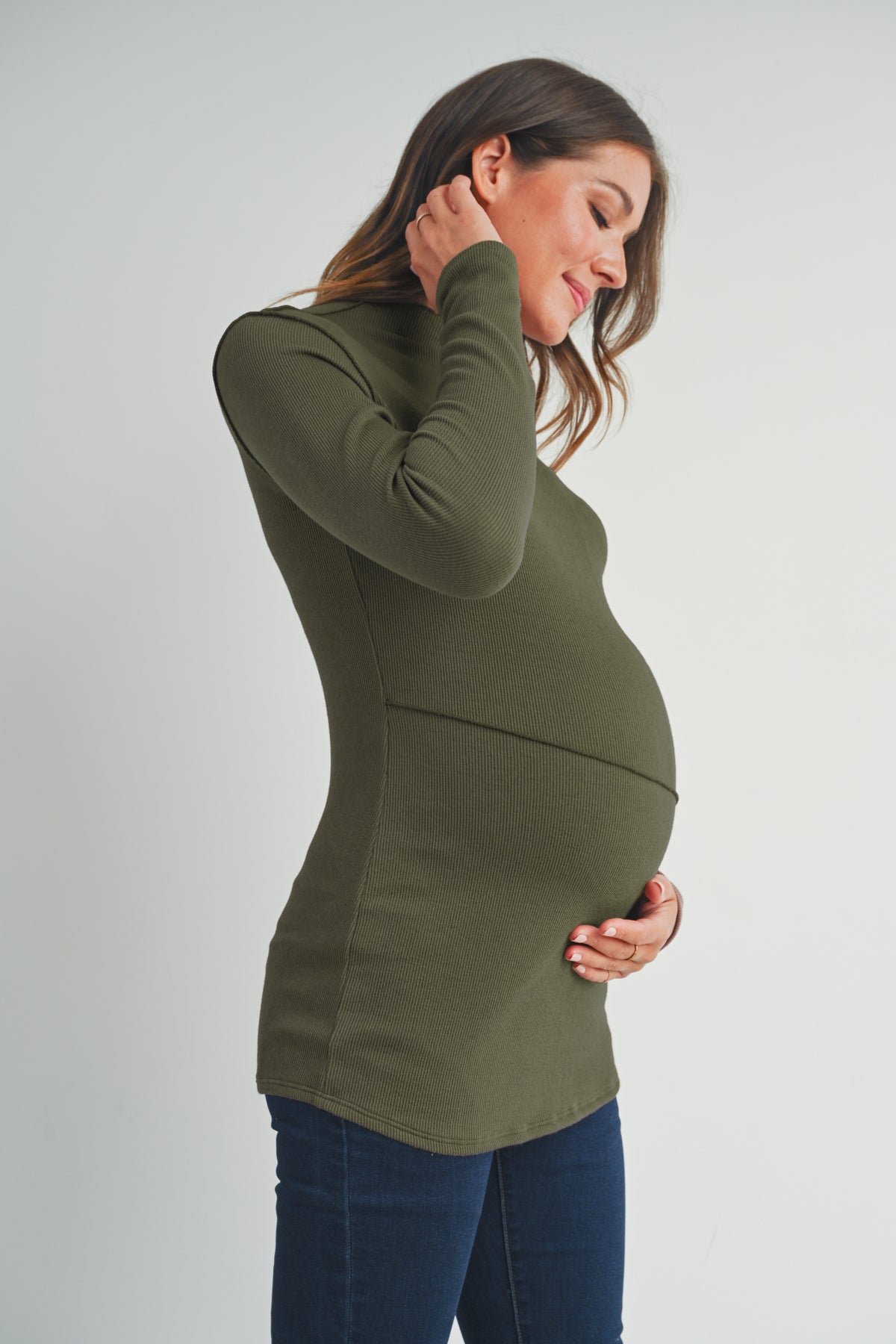 Olive Mock Neck Merrow Edge Detail Maternity Top Side