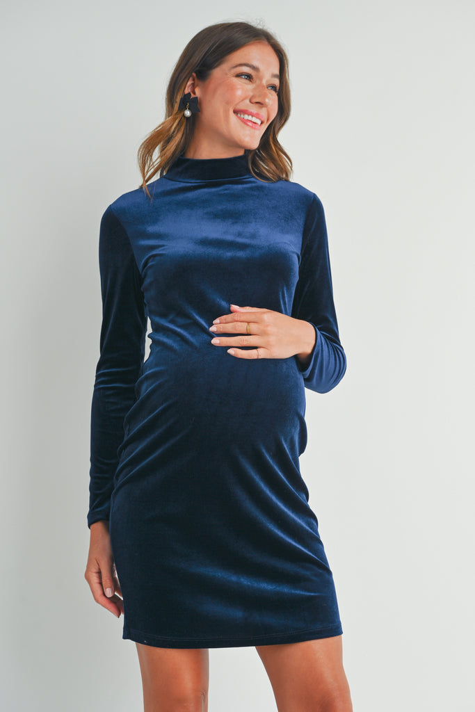 Navy Velvet Mock Neck Long Sleeve Maternity Mini Dress with Back Zipper Front