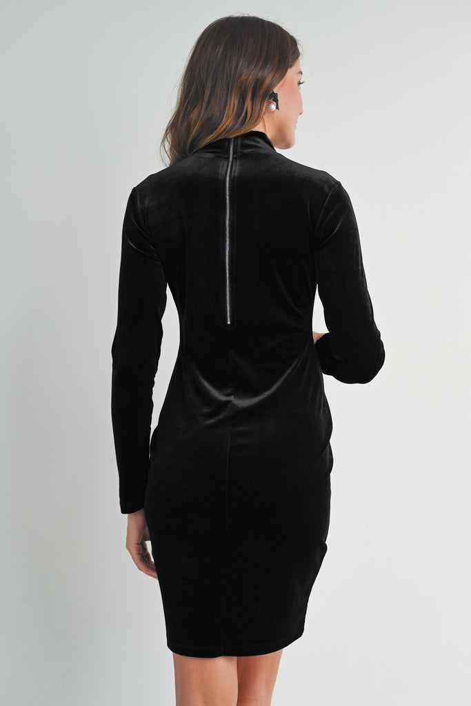 Black Velvet Mock Neck Long Sleeve Maternity Mini Dress with Back Zipper Back
