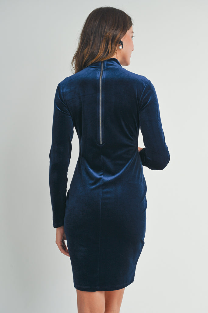 Navy Velvet Mock Neck Long Sleeve Maternity Mini Dress with Back Zipper Back