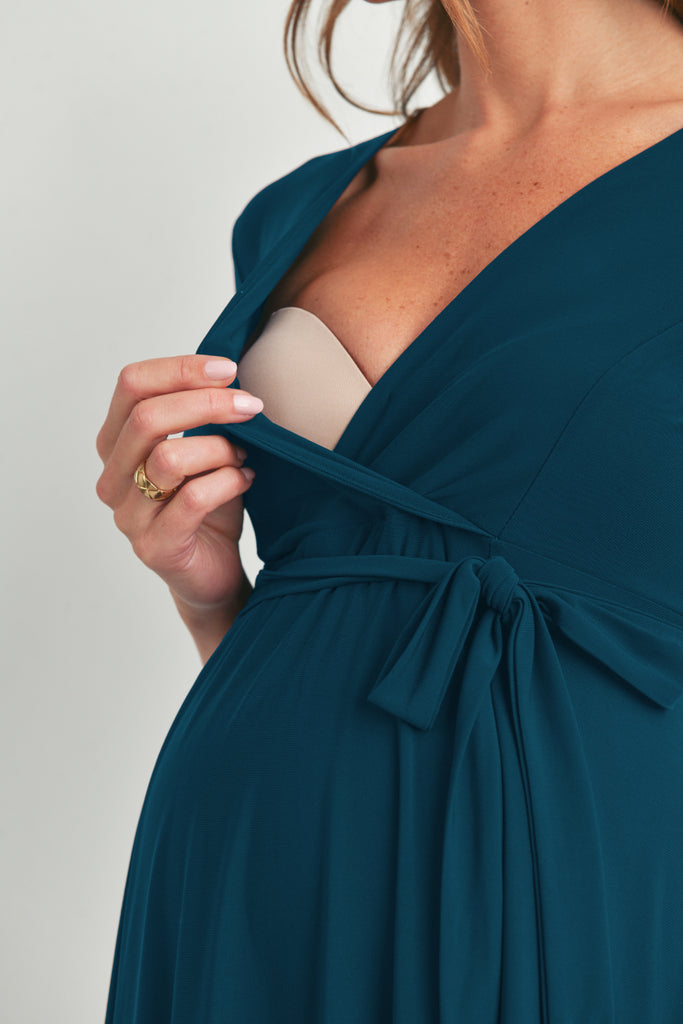 Teal Surplice Wrap Maternity Nursing Dress with Tie Detail