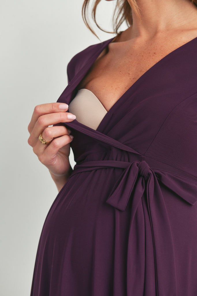 Purple Surplice Wrap Maternity Nursing Dress with Tie Detail