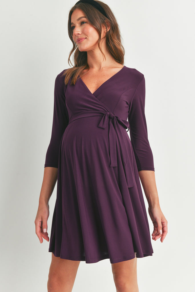 Purple Surplice Wrap Maternity Nursing Dress with Tie Side