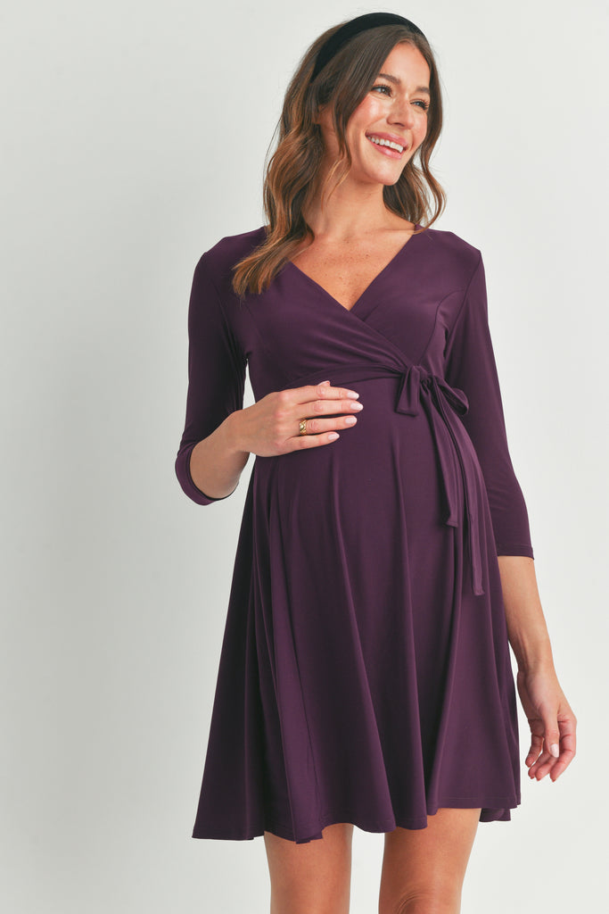 Purple Surplice Wrap Maternity Nursing Dress with Tie Front