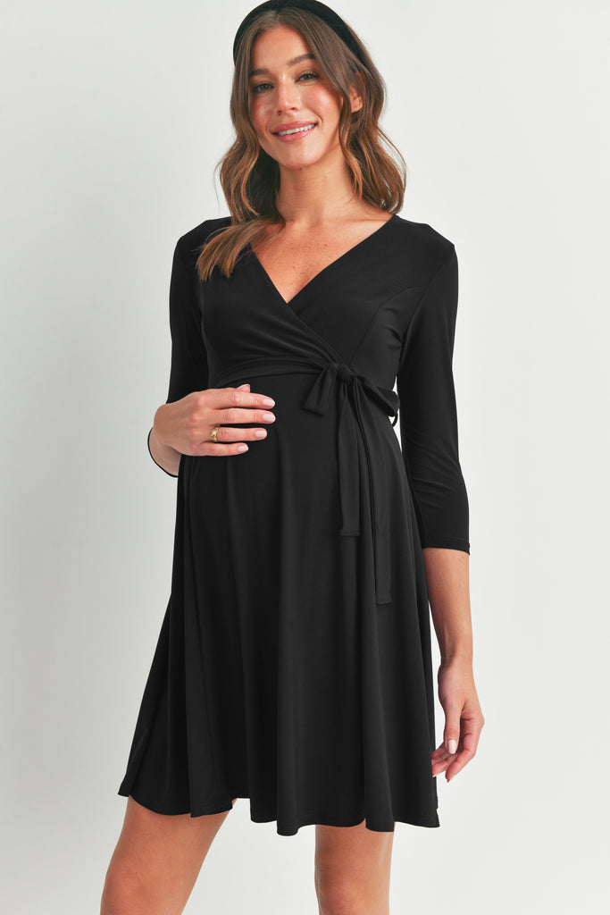 Black Surplice Wrap Maternity Nursing Dress with Tie Full Body