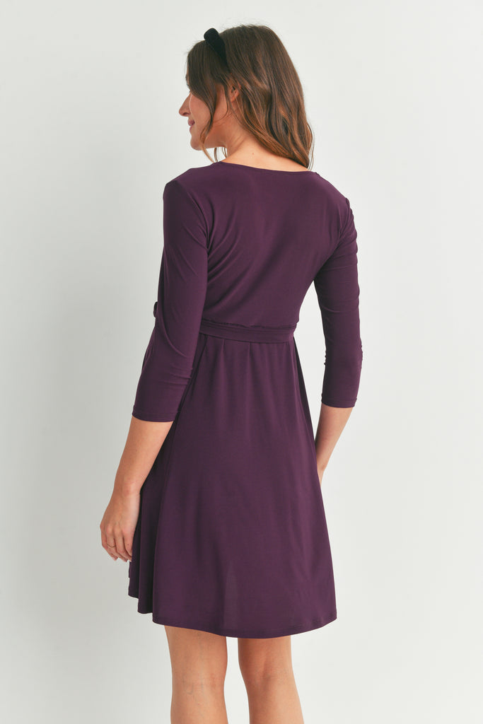 Purple Surplice Wrap Maternity Nursing Dress with Tie Back