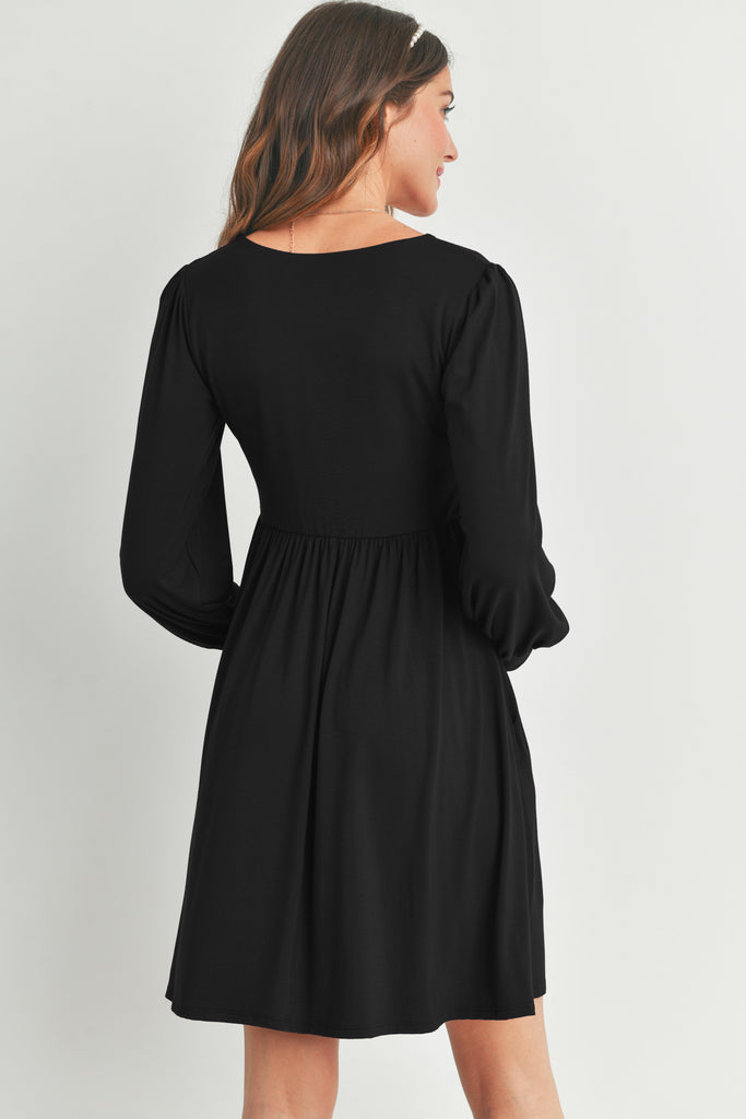 Black U Neck Puff Sleeve Maternity Dress with Pocket Back