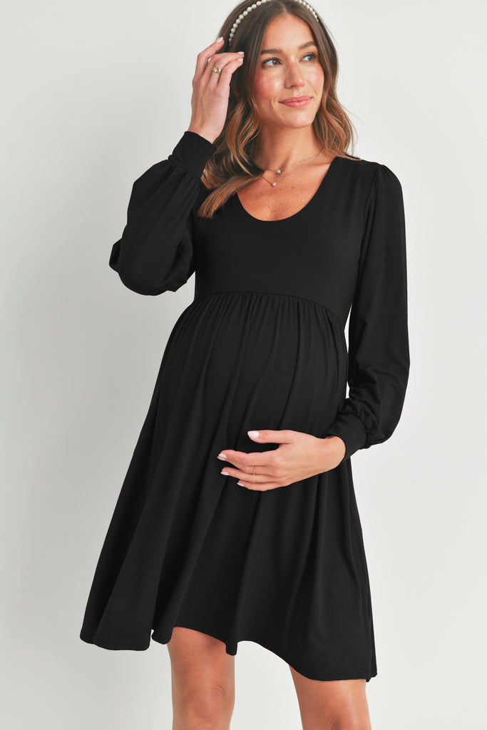 Black U Neck Puff Sleeve Maternity Dress with Pocket Front