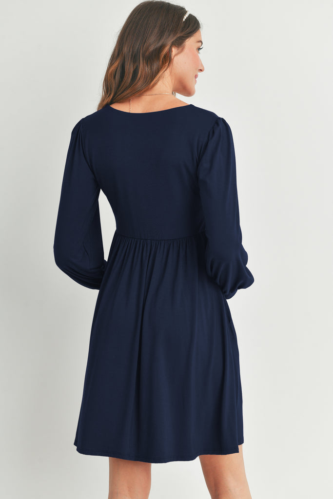 Navy U Neck Puff Sleeve Maternity Dress with Pocket Back