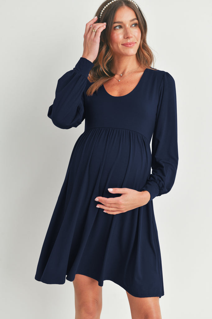 Navy U Neck Puff Sleeve Maternity Dress with Pocket Front