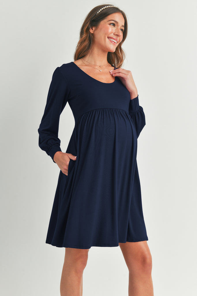 Navy U Neck Puff Sleeve Maternity Dress with Pocket Side