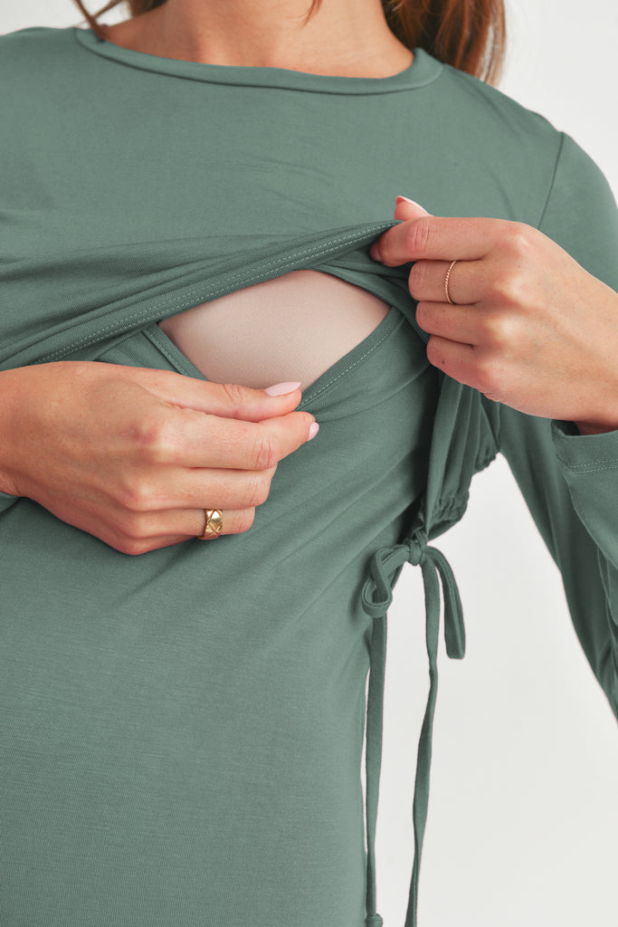 Dusty Green Rayon Modal Maternity Nursing Dress Nursing Opening Close Up