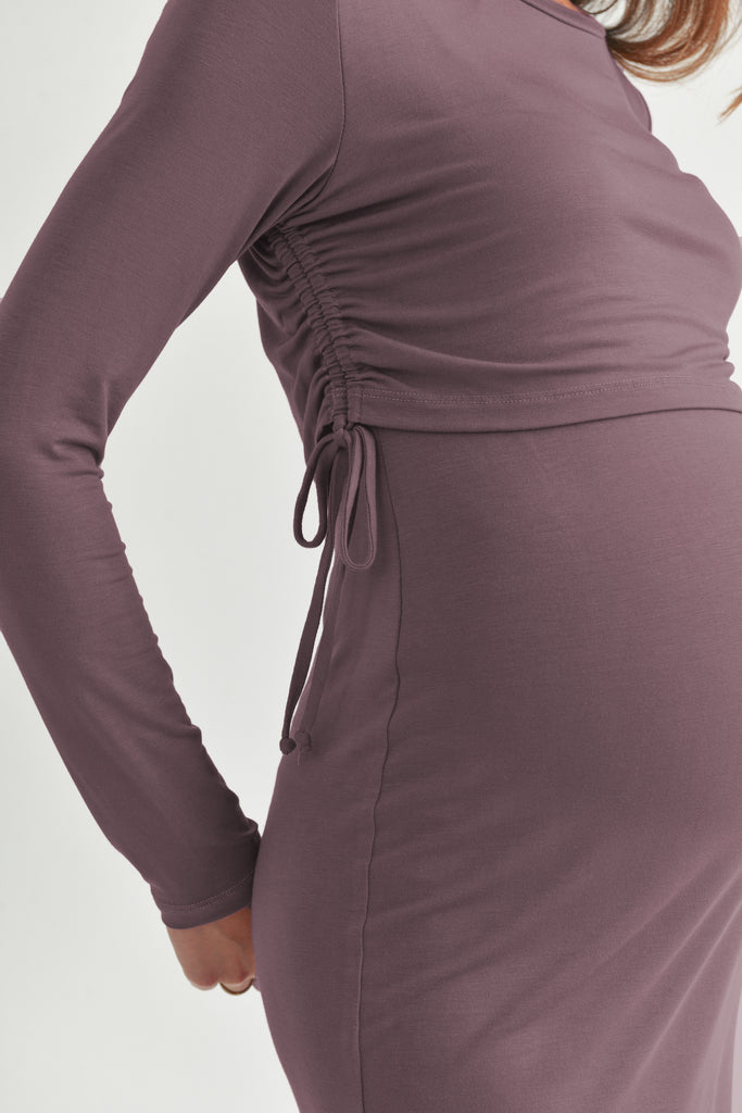 Mauve Rayon Modal Maternity Nursing Dress Side Close Up