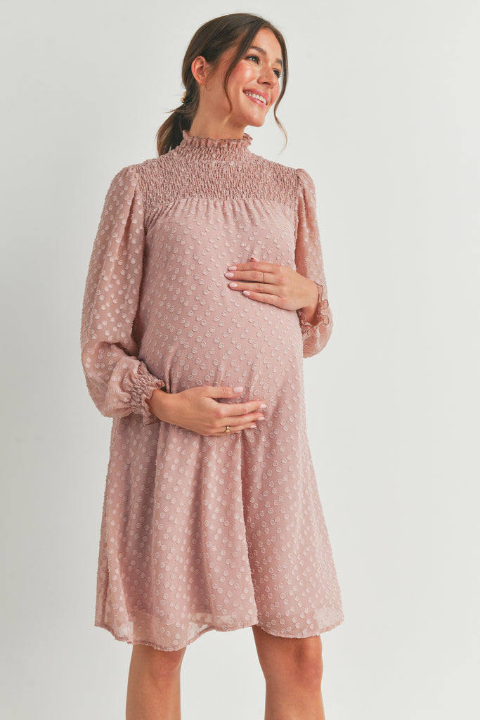 Blush Smocked Mock Neck Long Sleeve Maternity Dress Side