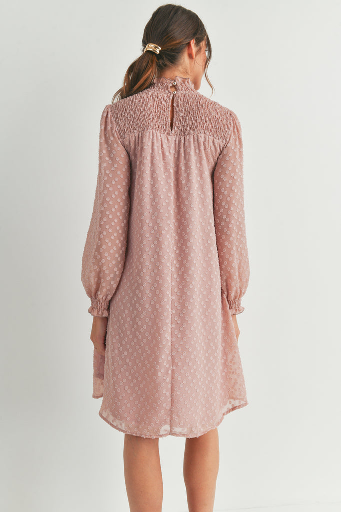 Blush Smocked Mock Neck Long Sleeve Maternity Dress Back