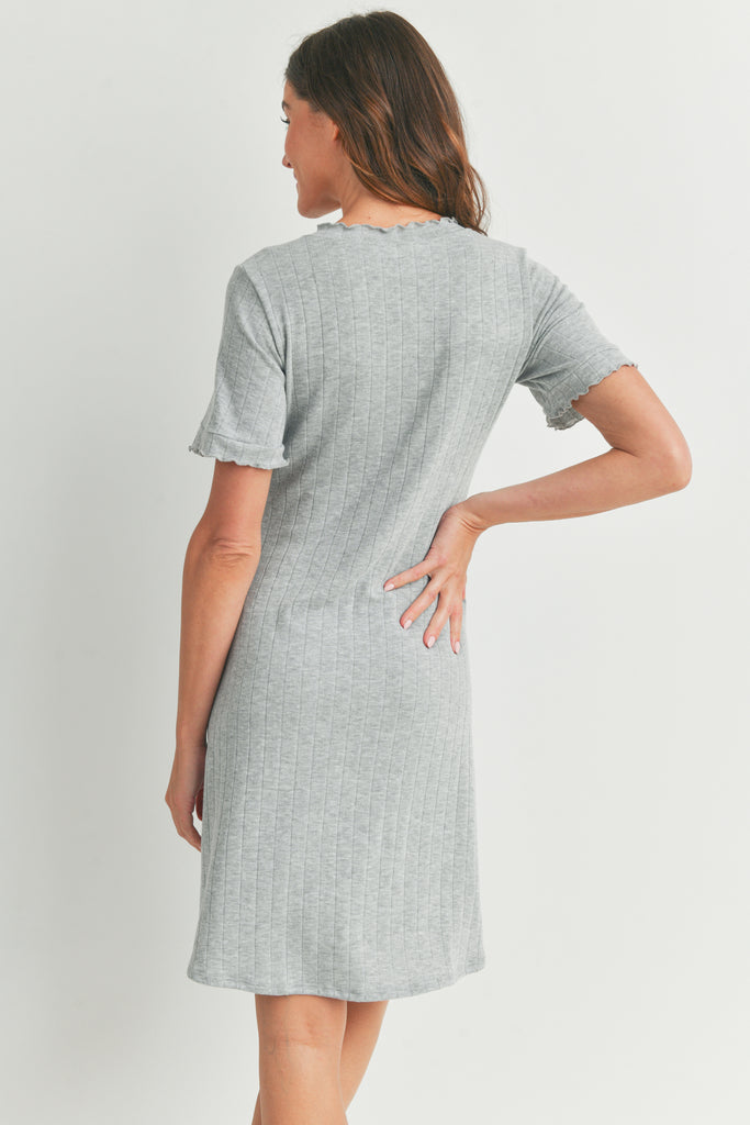 Heather Grey Wide Rib Lettuce Trim Maternity Dress Back