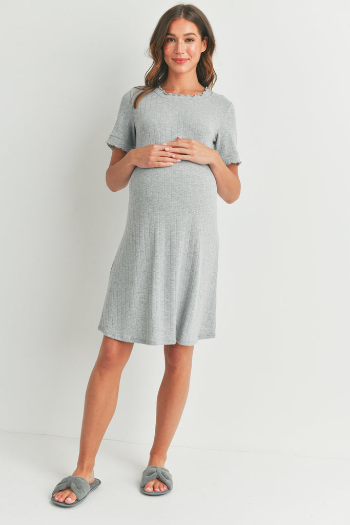 Heather Grey Wide Rib Lettuce Trim Maternity Dress Full Body