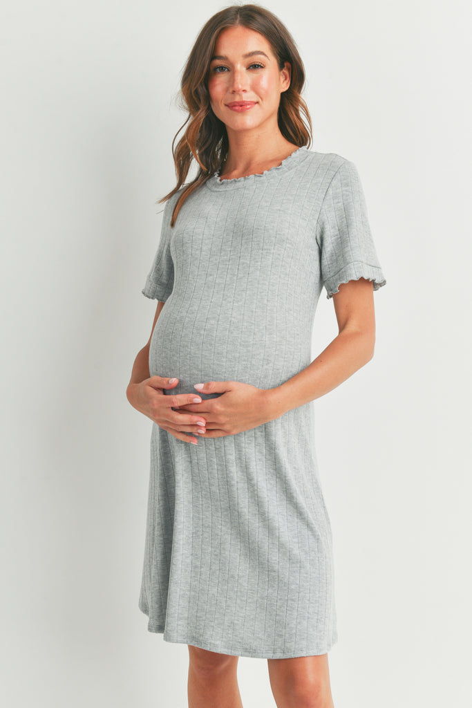 Heather Grey Wide Rib Lettuce Trim Maternity Dress Front