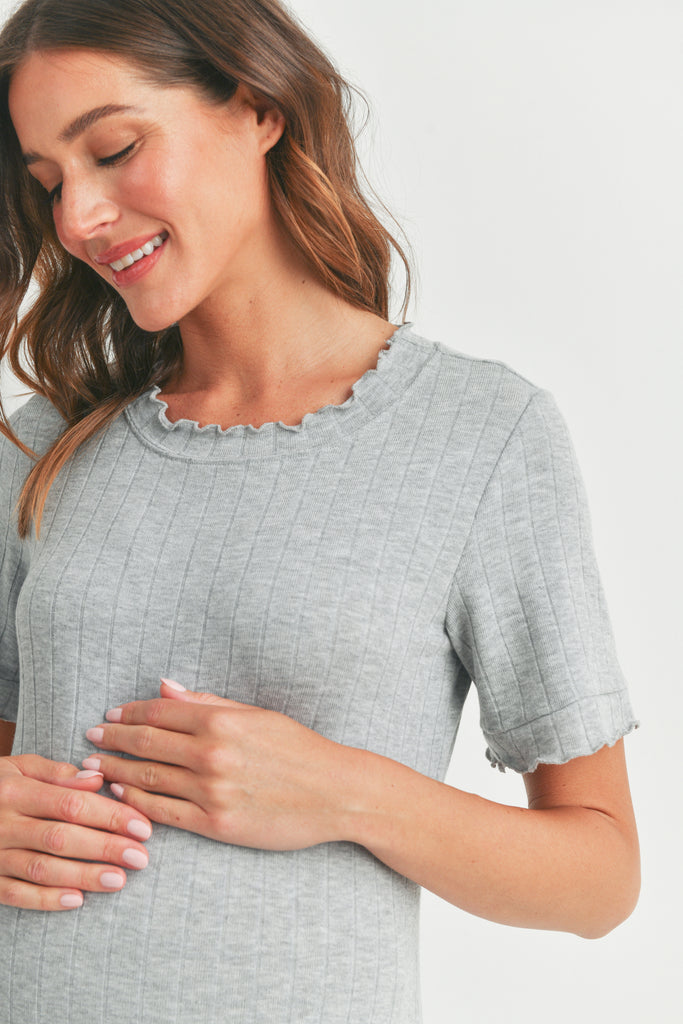 Heather Grey Wide Rib Lettuce Trim Maternity Dress Detail