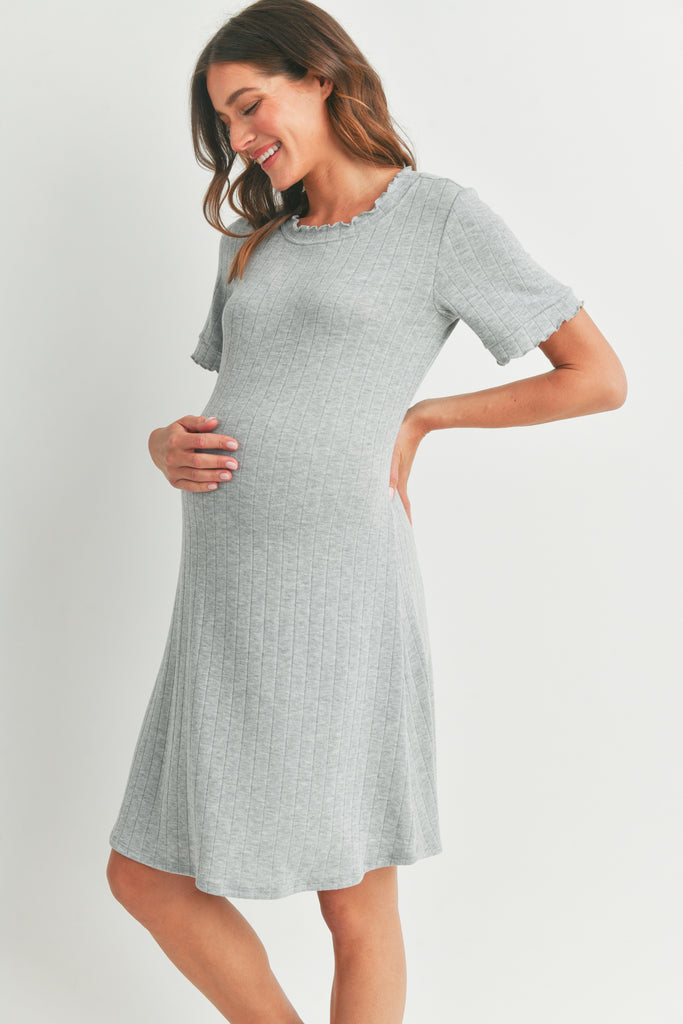 Heather Grey Wide Rib Lettuce Trim Maternity Dress Side