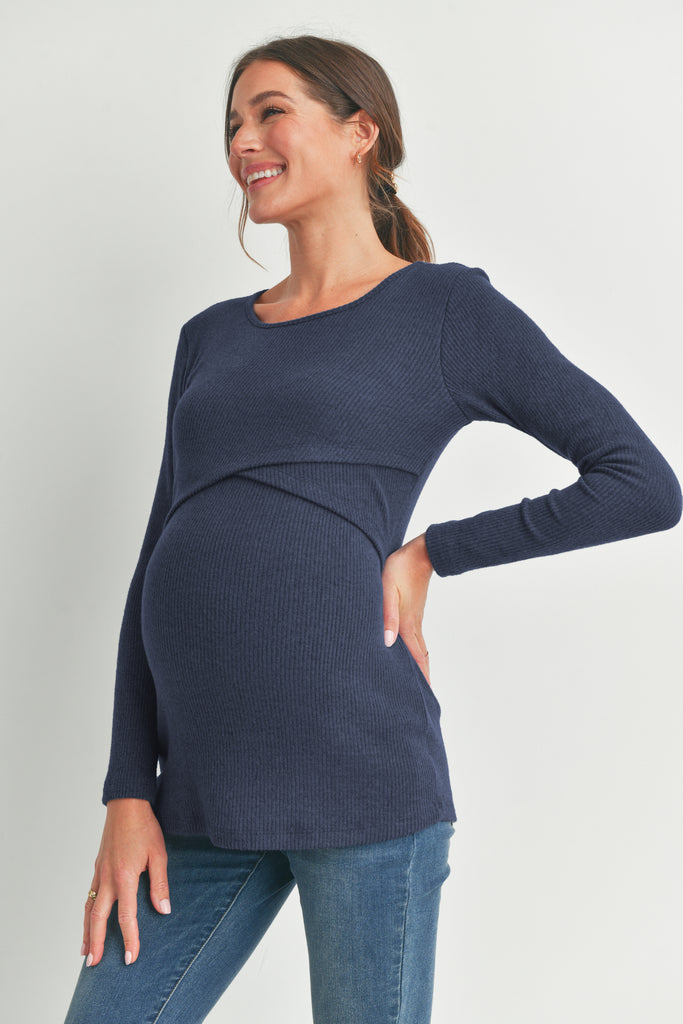 Navy Green Ribbed Long Sleeve Maternity Nursing Shirt Top Side