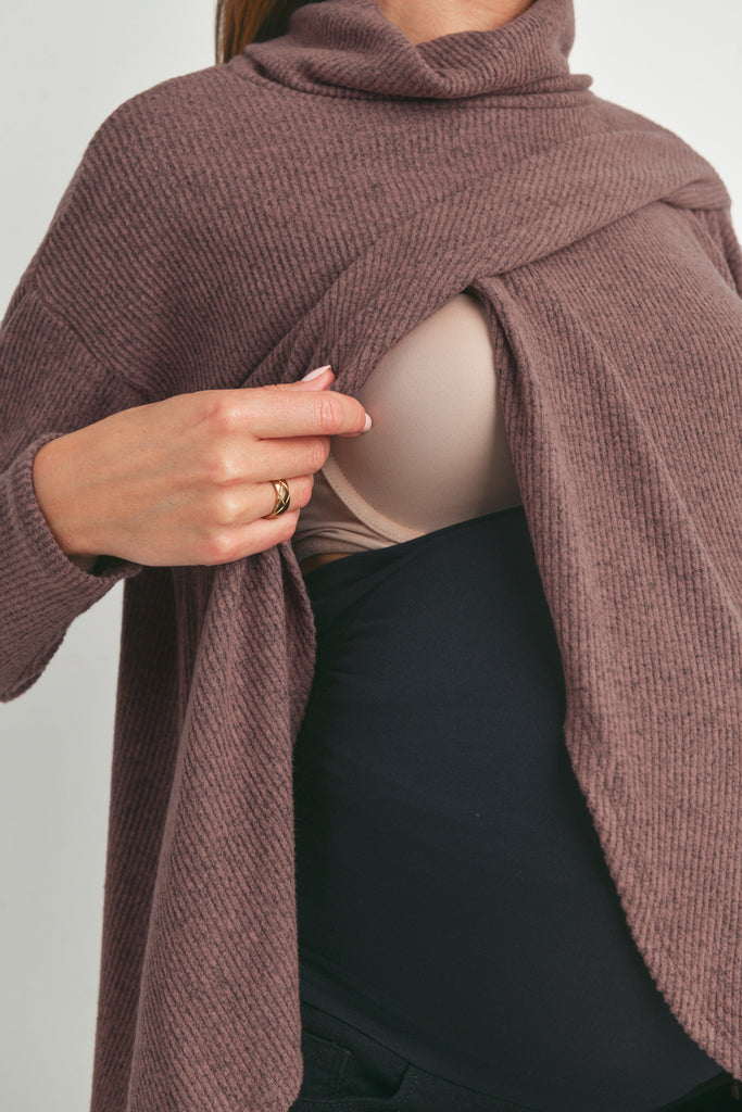 Mauve Ribbed Turtleneck Overlap Maternity Sweater Nursing Opening Detail