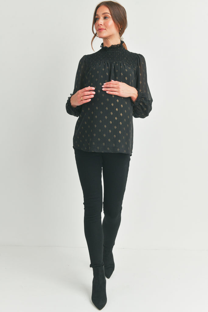 Black Smocked Mock Neck Long Sleeve Maternity Top Full Body