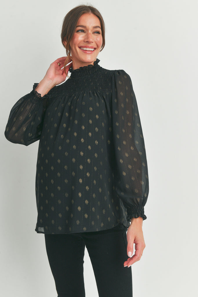 Black Smocked Mock Neck Long Sleeve Maternity Top Front