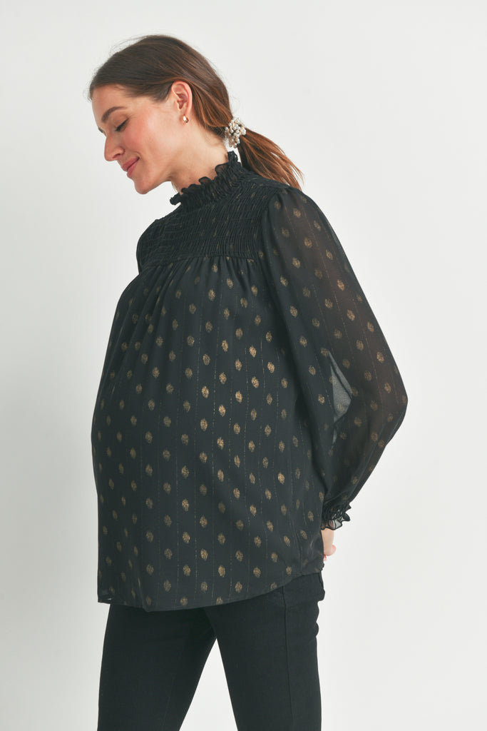 Black Smocked Mock Neck Long Sleeve Maternity Top Side