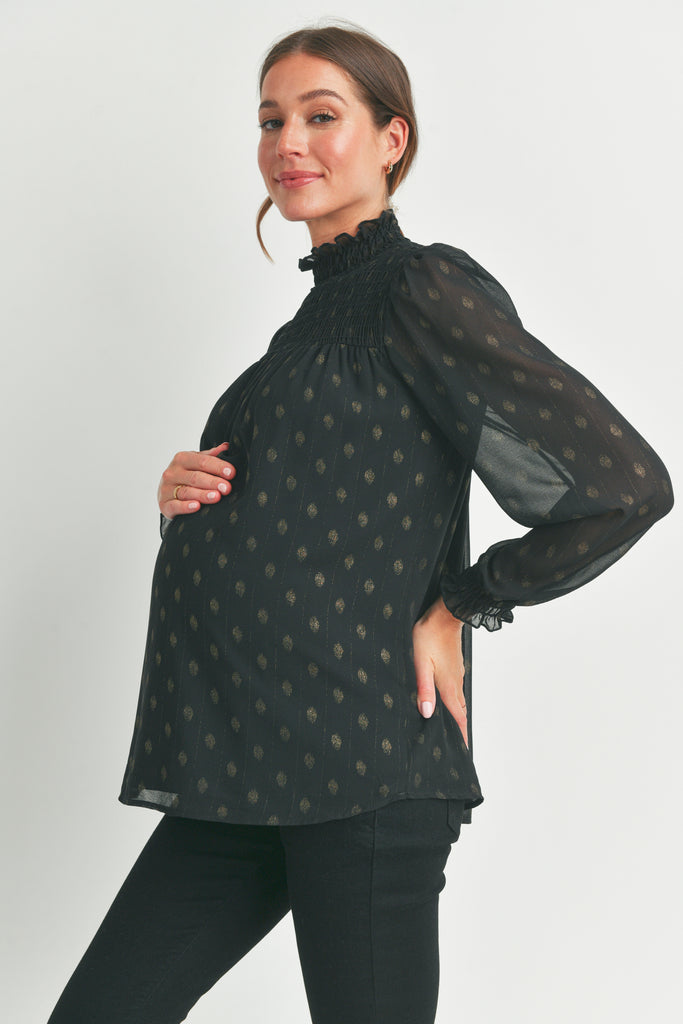 Black Smocked Mock Neck Long Sleeve Maternity Top Side