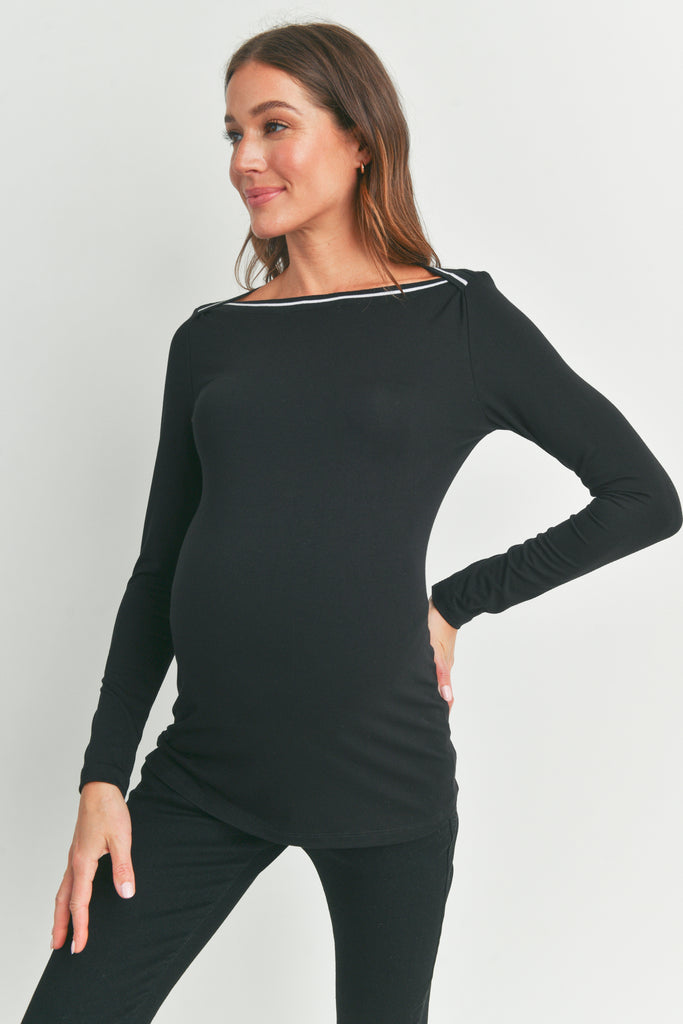 Black Boatneck Long Sleeve Maternity Top with Contrast-Trim Side