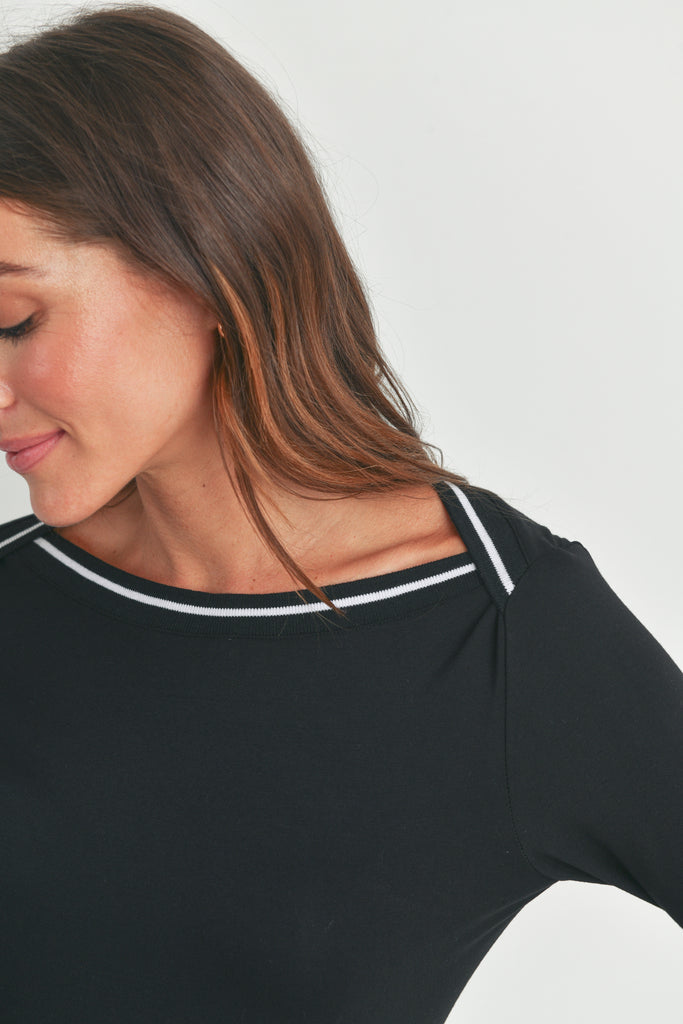 Black Boatneck Long Sleeve Maternity Top with Contrast-Trim Front Neck Detail
