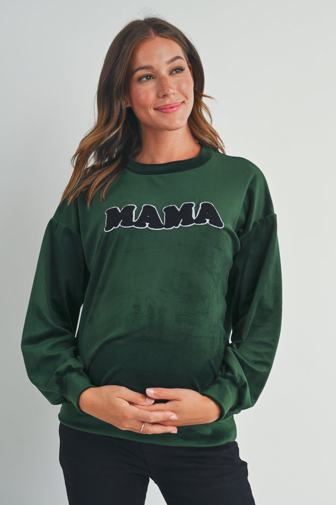 Green Velvet Maternity Sweatshirts Top with Mama Patch Front